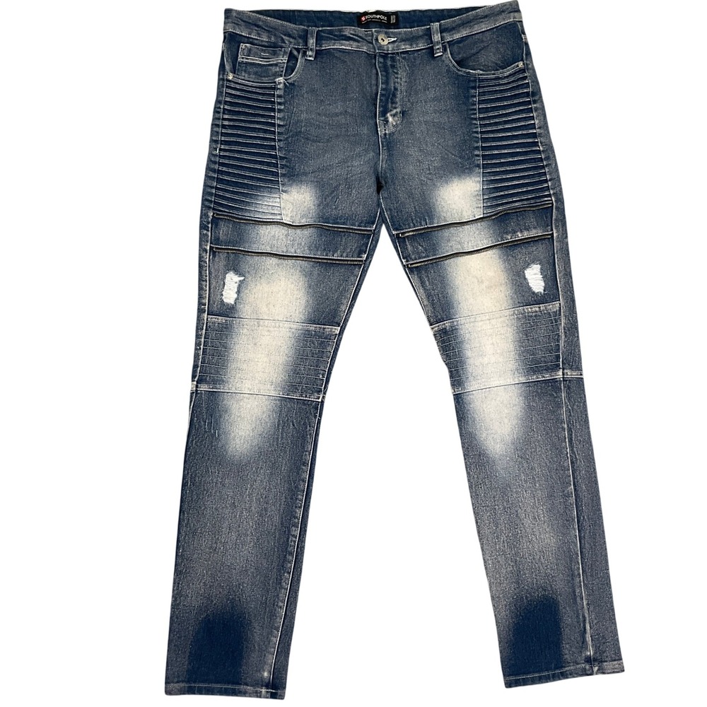 Southpole Skinny Jeans Mens 38W 32L Blue Moto Ribbed Zipper Distressed Hip Hop‎